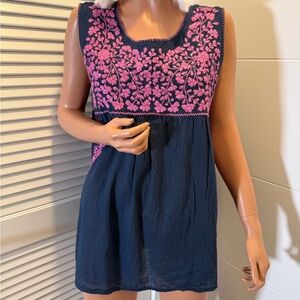 Siren Navy Sleeveless Dress with Pink Floral Embroidery size large